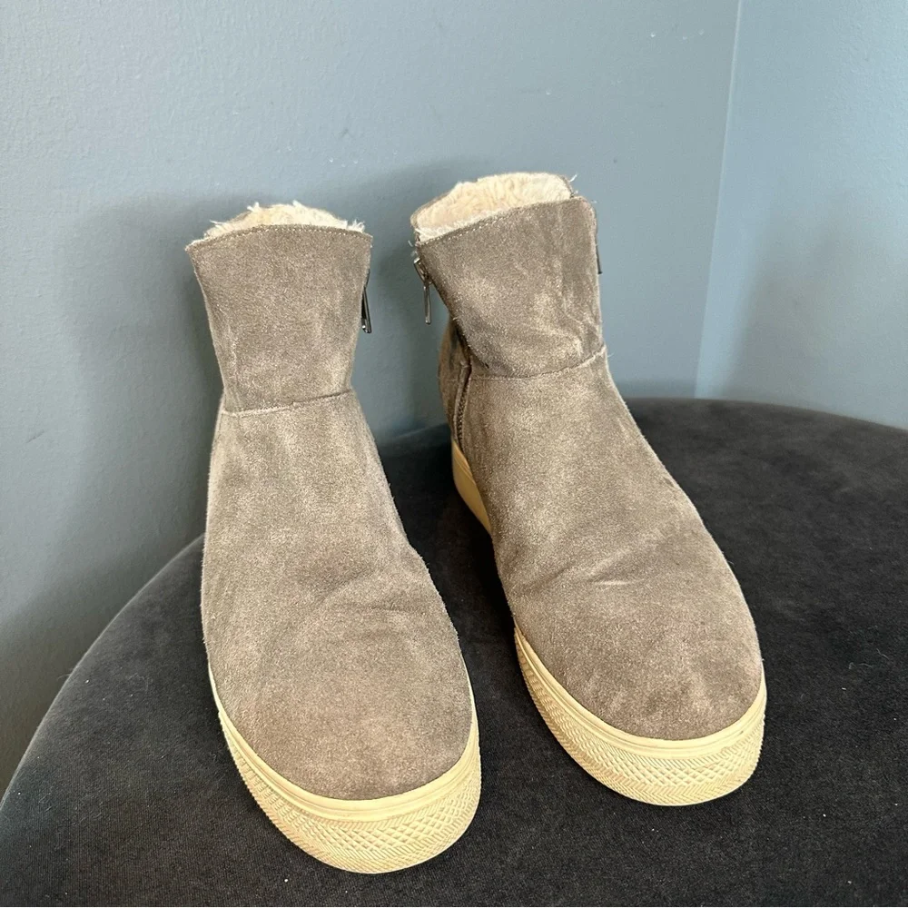 Steve Madden Women's Wanda Faux Fur Wedge Sneaker in Taupe Suede - Picture 6 of 9